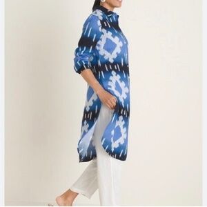 Chicos 1 Linen Ikat Print Shirt Dress  Long Sleeves Full Button Size‎ 8/10